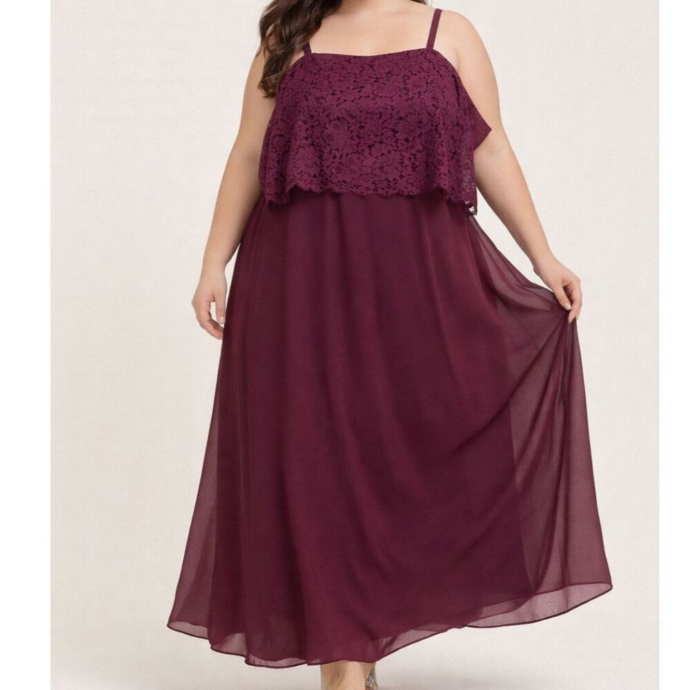 AW Bridal Burgundy Lace Overlay Maxi Dress Plus Size Flowy Chiffon Formal